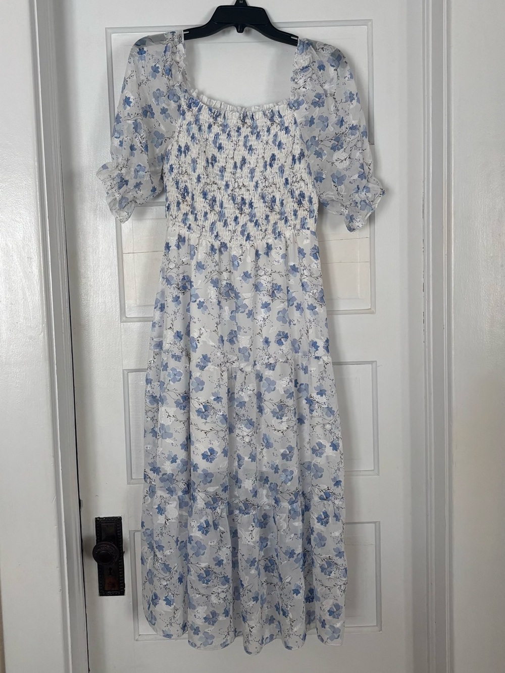 Light Blue Floral Smocked Midi Dress - Women's